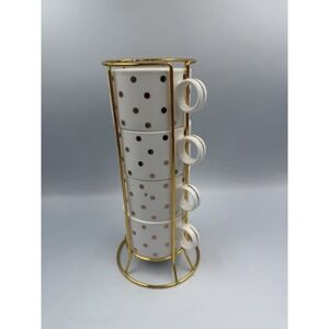 4pc Grace Teaware Stackable 8oz Gold Polkadot Coffee Espresso Mugs & Holder